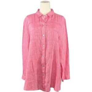 J.Jill Linen Button Down Tunic Red Pink Long Sleeve Shirt Coastal Minimalist L
